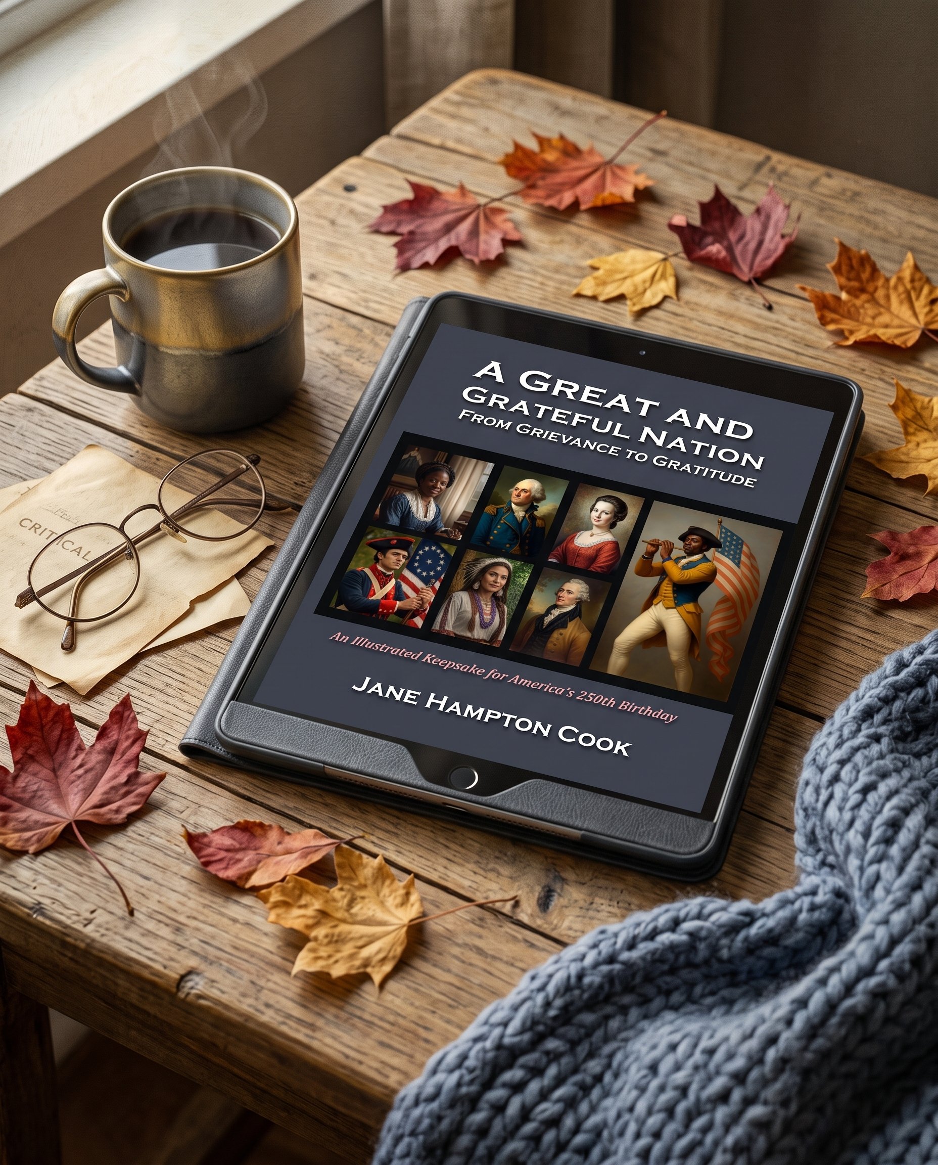 The book A Great and Grateful Nation rests on a table decorated with autumn leaves.