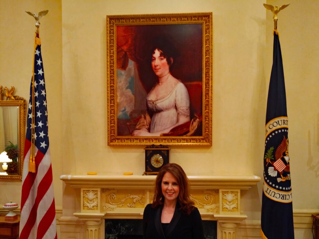 Jane Hampton Cook, author, under Dolley Madison's portrait in her Washington D.C. home on Lafayette Square, where she lived her senior years.