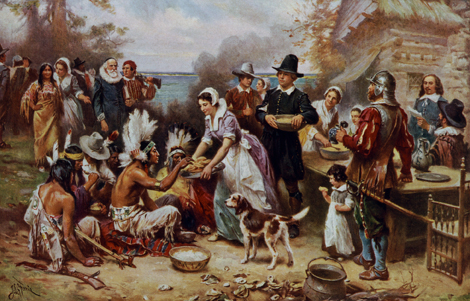 A painting of the 1621 Plymouth Thanksgiving